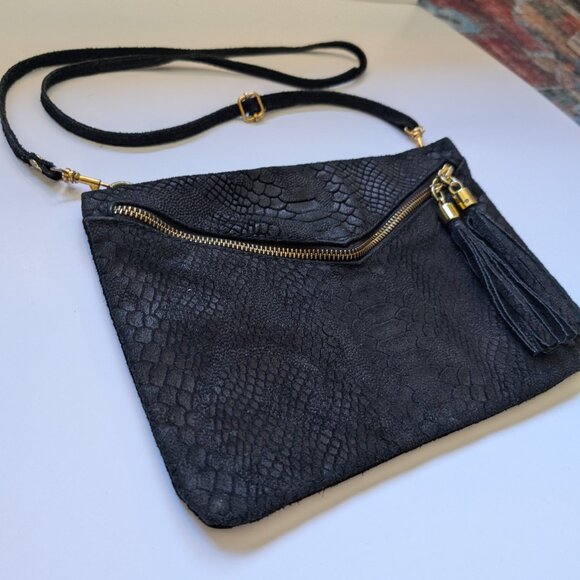 Gorgeous Vintage Italian black textured Leather Clutch/Crossbody Bag - Picture 3 of 16